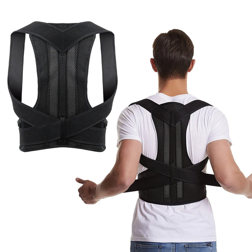 Black posture corrector worn by a person on a white background